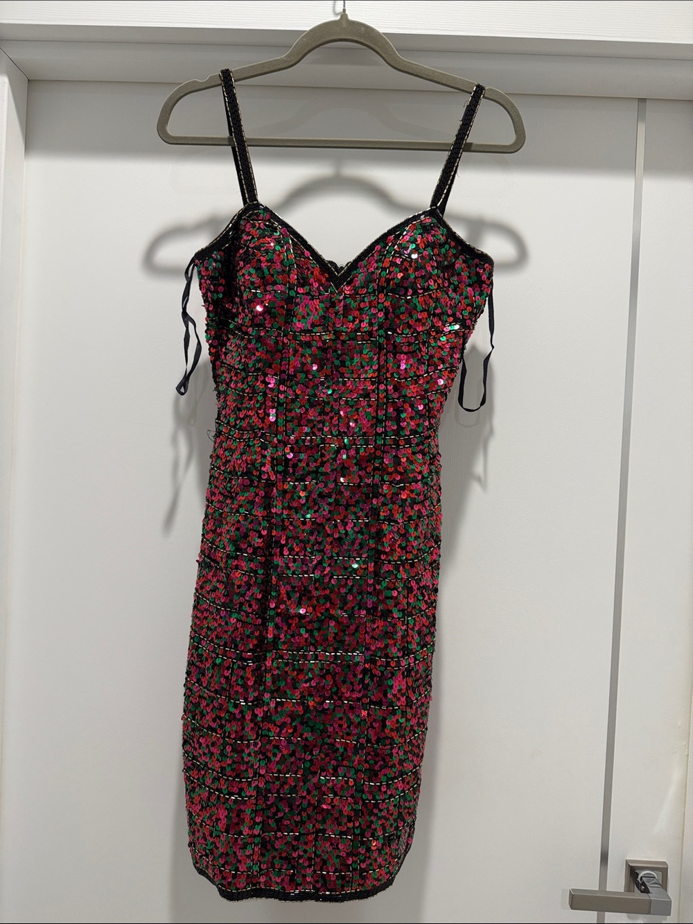 Black Strappy Sequin Sheath Dress with Red & Green sequins